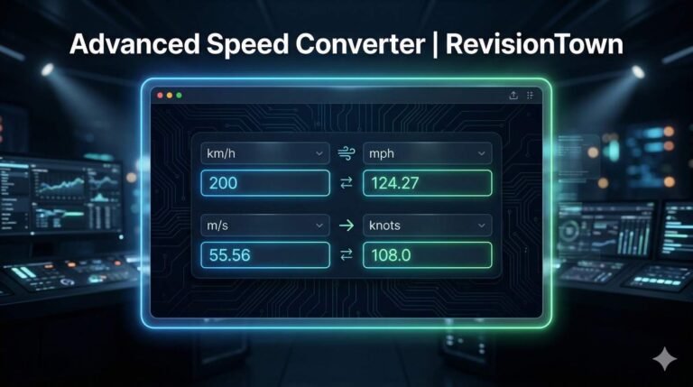 Advanced Speed Converter tool by RevisionTown showing km/h to mph real-time conversions on modern dashboard