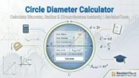 Circle diameter calculator showing radius r, diameter d=2r, circumference C=2πr formulas for RevisionTown math tool.