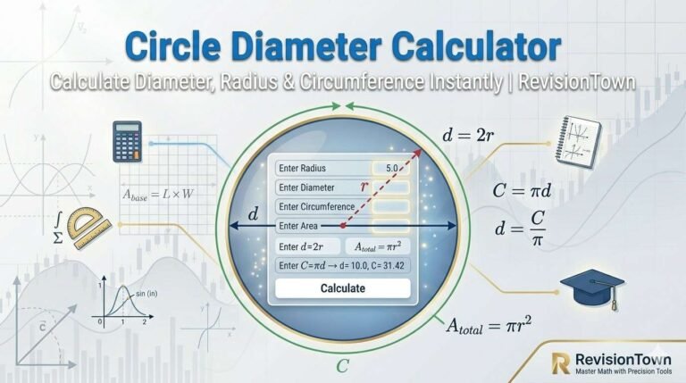 Circle diameter calculator showing radius r, diameter d=2r, circumference C=2πr formulas for RevisionTown math tool.