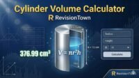 Cylinder Volume Calculator tool by RevisionTown showing 3D cylinder with πr²h formula, radius, height inputs and volume result for easy math revision.
