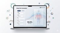 Highly advanced body fat calculator dashboard UI for RevisionTown blog showing body fat percentage estimate with weight, age, and measurements