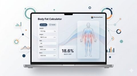 Highly advanced body fat calculator dashboard UI for RevisionTown blog showing body fat percentage estimate with weight, age, and measurements
