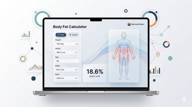 Highly advanced body fat calculator dashboard UI for RevisionTown blog showing body fat percentage estimate with weight, age, and measurements