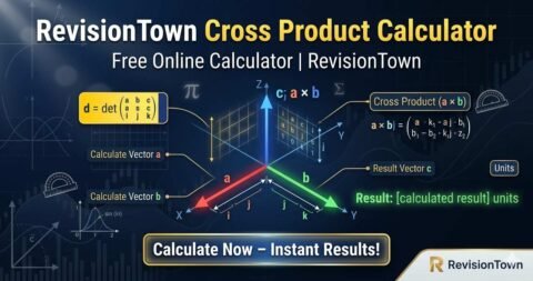 3D vector cross product calculator visualization with intersecting arrows and result vector for RevisionTown free online math tool
