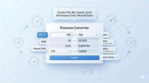 Pressure converter tool showing PSI, bar, Pascal, atmosphere, kPa, and MPa units on a clean calculator interface for RevisionTown's engineering blog