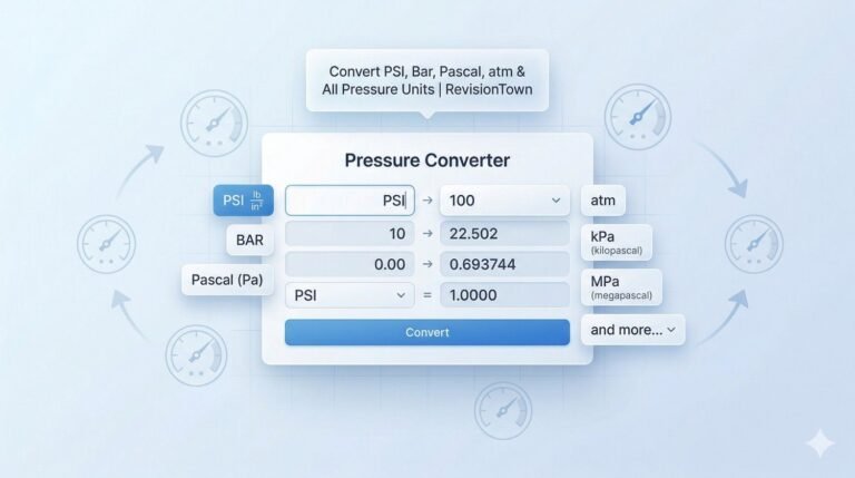 Pressure converter tool showing PSI, bar, Pascal, atmosphere, kPa, and MPa units on a clean calculator interface for RevisionTown's engineering blog