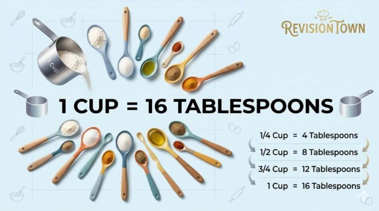 Infographic chart showing cups to tablespoons conversion: 1 cup equals 16 tablespoons, with measuring cup and spoon visuals for quick kitchen reference on RevisionTown blog.