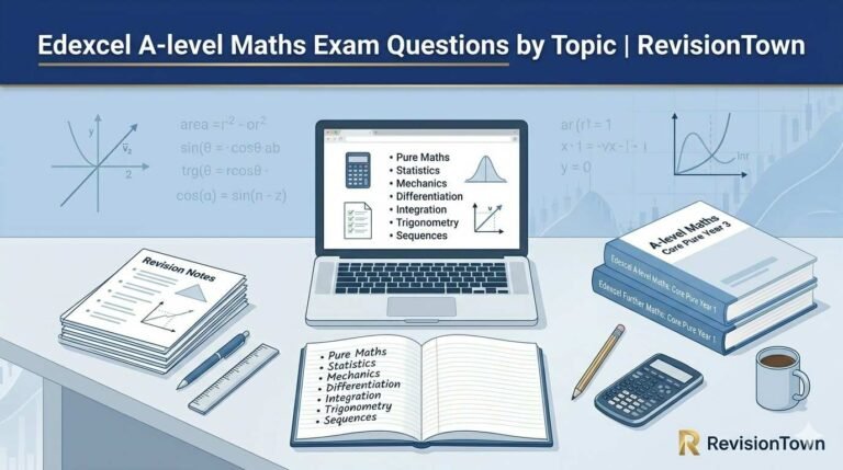 Edexcel A‑level Maths exam questions by topic resource on RevisionTown for A‑level mathematics students revising pure, statistics, and mechanics modules.