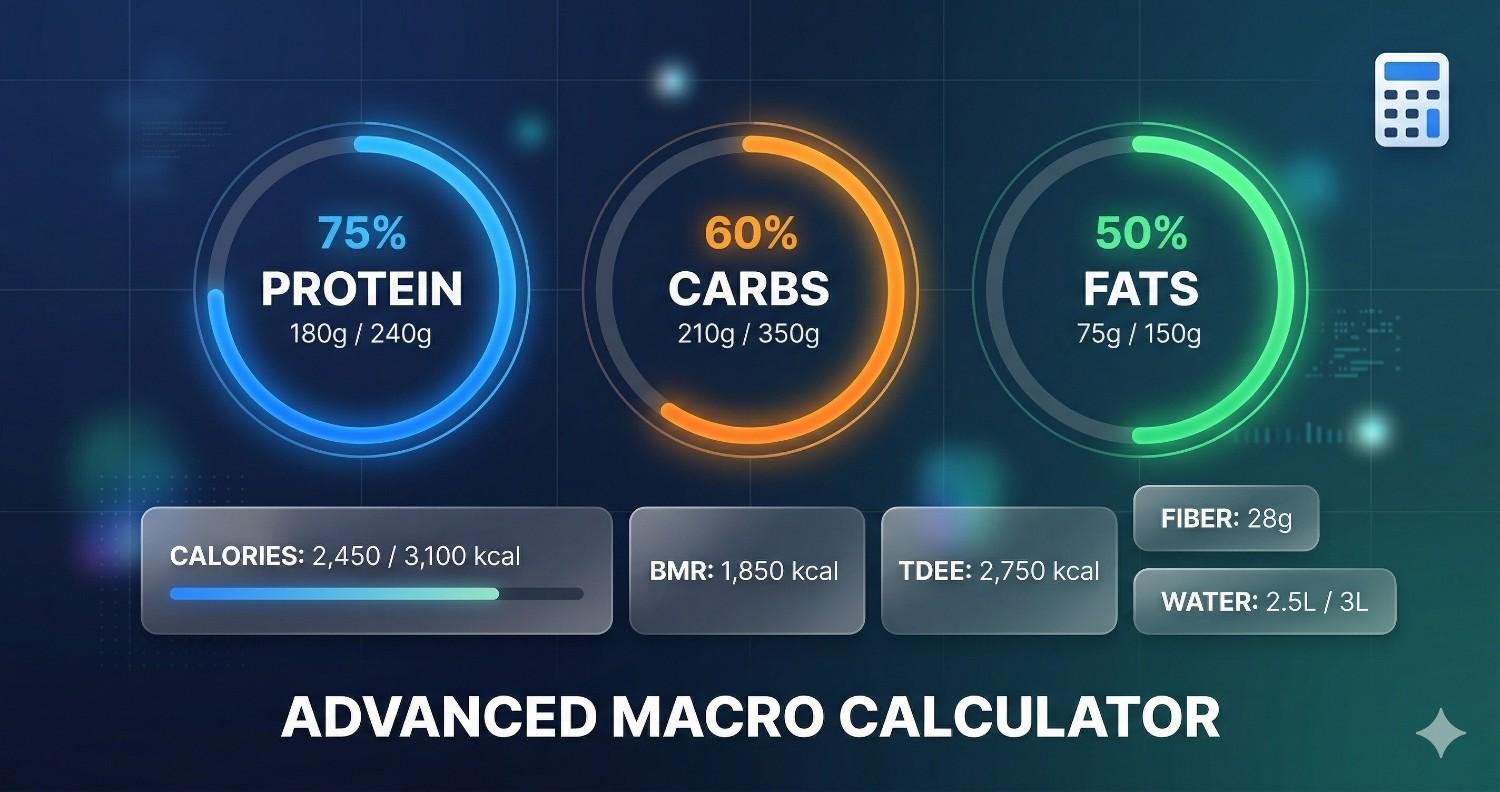 Advanced macro calculator showing protein, carbs, and fat breakdown for daily nutrition planning