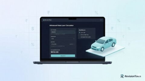Advanced Auto Loan Calculator dashboard for RevisionTown with EMI and loan details on a laptop screen