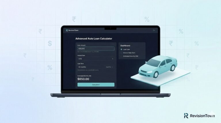 Advanced Auto Loan Calculator dashboard for RevisionTown with EMI and loan details on a laptop screen