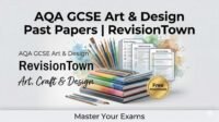 Student revising AQA GCSE Art Craft Design past papers on RevisionTown with sketchbooks and exam resources