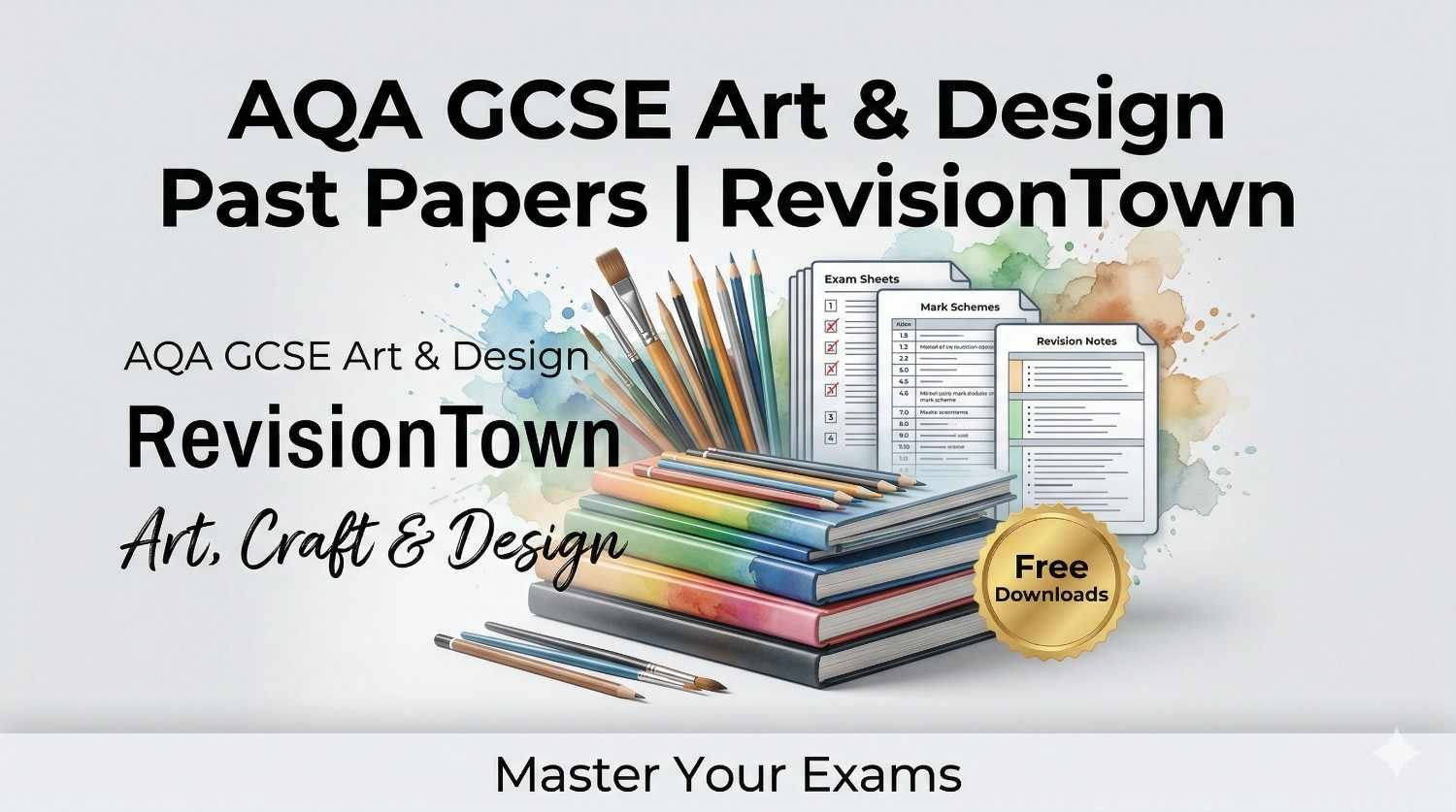 Student revising AQA GCSE Art Craft Design past papers on RevisionTown with sketchbooks and exam resources