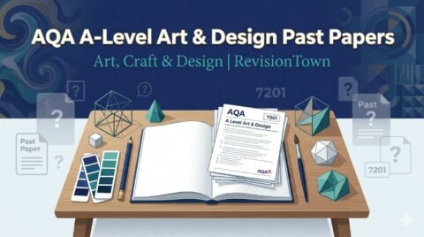 AQA A Level Art Craft Design 7201 past papers revision guide with sketchbook pencils paints on desk for exam prep RevisionTown