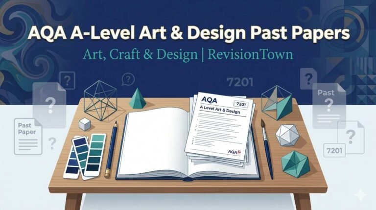 AQA A Level Art Craft Design 7201 past papers revision guide with sketchbook pencils paints on desk for exam prep RevisionTown