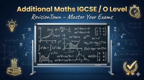IGCSE Additional Maths revision chalkboard with equations graphs RevisionTown