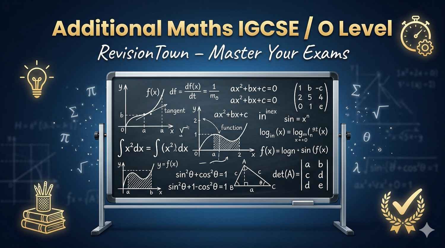 IGCSE Additional Maths revision chalkboard with equations graphs RevisionTown