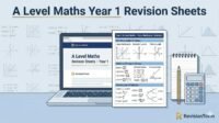 A Level Maths Revision Sheets – Year 1 feature image showing a student revising using a laptop and printed revision sheets for A‑level maths at RevisionTown.