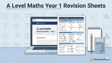 A Level Maths Revision Sheets – Year 1 feature image showing a student revising using a laptop and printed revision sheets for A‑level maths at RevisionTown.