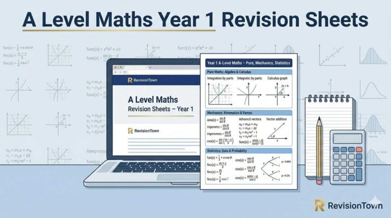 A Level Maths Revision Sheets – Year 1 feature image showing a student revising using a laptop and printed revision sheets for A‑level maths at RevisionTown.