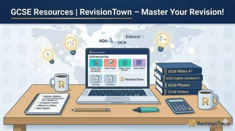GCSE Resources RevisionTown hub with past papers notes study desk setup for exam success.