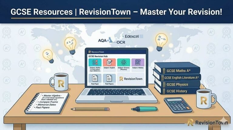 GCSE Resources RevisionTown hub with past papers notes study desk setup for exam success.