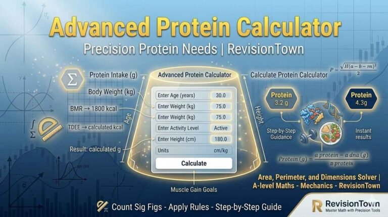 Advanced Protein Calculator tool by RevisionTown for daily protein needs and fitness goals