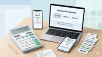 Percent off calculator UI on laptop and phone showing 10%, 20%, 30% off discount and sale price formulas on a clean desk.