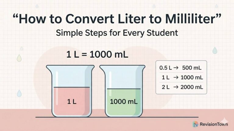 Educational illustration showing how to convert liter to milliliter with beakers labeled 1 L and 1000 mL, along with the formula 1 L = 1000 mL for a math revision blog named RevisionTown.