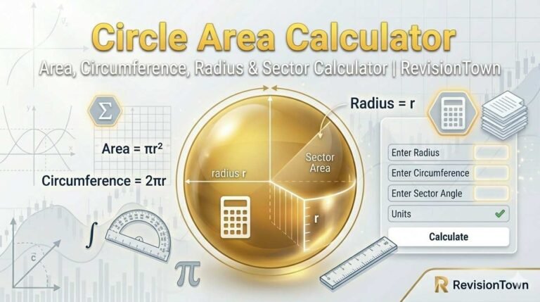 Circle area calculator with formulas for area, circumference, radius, and sector illustrated on a clean modern design for RevisionTown math blog.