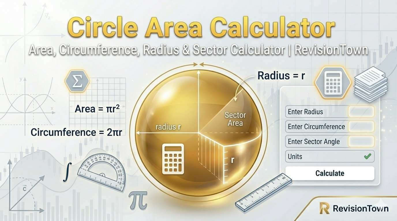 Circle area calculator with formulas for area, circumference, radius, and sector illustrated on a clean modern design for RevisionTown math blog.