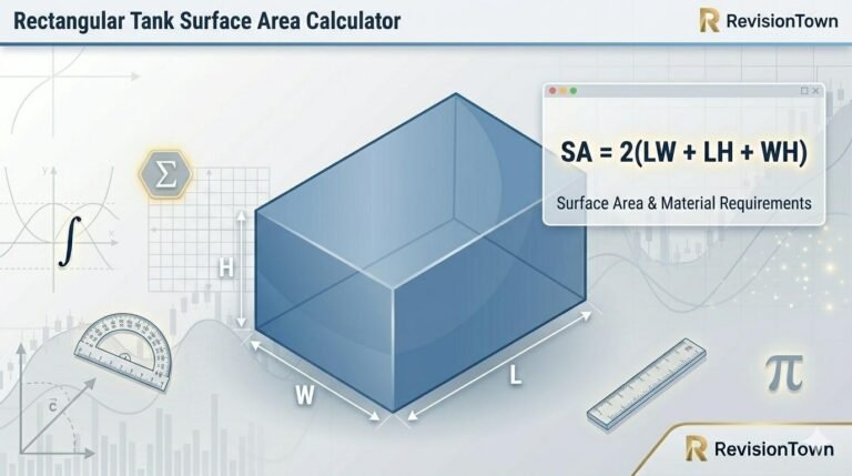 Rectangular tank surface area calculator showing formula SA = 2(LW + LH + WH) for material estimation.