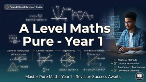 A Level Maths Pure Year 1 revision guide from RevisionTown with key formulas and graphs on navy background