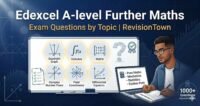 Edexcel A-level Further Maths exam questions organized by topic on RevisionTown: professional image featuring math graphs, student studying, and categorized revision resources for pure maths, mechanics, and more.