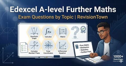 Edexcel A-level Further Maths exam questions organized by topic on RevisionTown: professional image featuring math graphs, student studying, and categorized revision resources for pure maths, mechanics, and more.