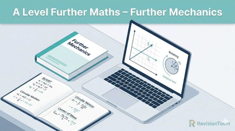 A Level Further Maths Further Mechanics revision concept image showing a clean desk with a laptop, textbook, and handwritten mechanics equations for RevisionTown.