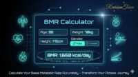 Advanced BMR calculator interface by RevisionTown showing Mifflin-St Jeor formula inputs for age weight height gender and daily calorie output for precise metabolism tracking
