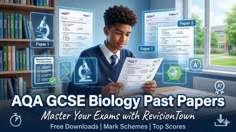 Student reviewing AQA GCSE Biology past papers at RevisionTown desk with exam sheets, microscope, DNA helix, and study icons for effective GCSE revision and high scores
