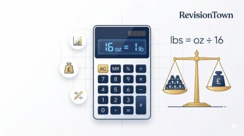 Convert ounces to pounds calculator showing 16 oz = 1 lb formula on RevisionTown