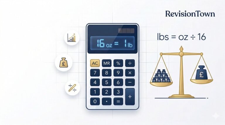 Convert ounces to pounds calculator showing 16 oz = 1 lb formula on RevisionTown