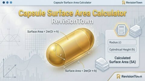 Capsule surface area calculator diagram showing radius r and height h with formula 2πr(2r + h) for RevisionTown math blog