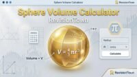Clean digital illustration of a sphere volume calculator with formula V = ⁴⁄₃πr³ for a math blog post on RevisionTown.