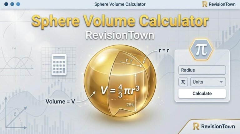 Clean digital illustration of a sphere volume calculator with formula V = ⁴⁄₃πr³ for a math blog post on RevisionTown.