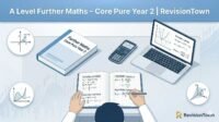 A Level Further Maths Core Pure Year 2 revision study setup with textbook, notes, calculator, and graphs for RevisionTown.