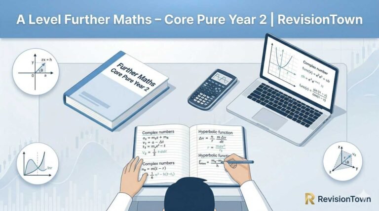 A Level Further Maths Core Pure Year 2 revision study setup with textbook, notes, calculator, and graphs for RevisionTown.