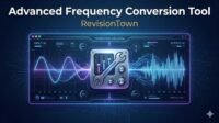 Advanced frequency conversion tool dashboard by RevisionTown showing waveform signals and frequency sliders for precise engineering conversions