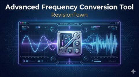 Advanced frequency conversion tool dashboard by RevisionTown showing waveform signals and frequency sliders for precise engineering conversions