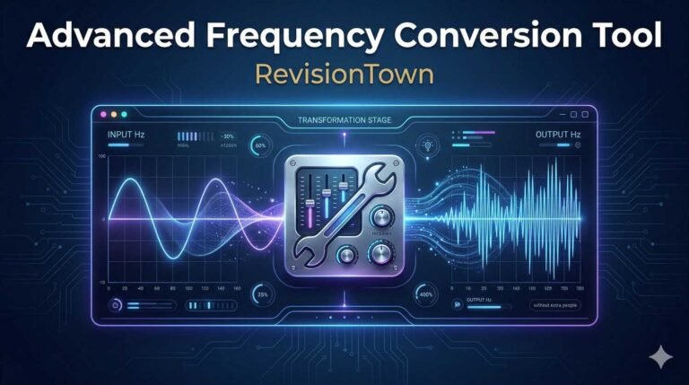 Advanced frequency conversion tool dashboard by RevisionTown showing waveform signals and frequency sliders for precise engineering conversions
