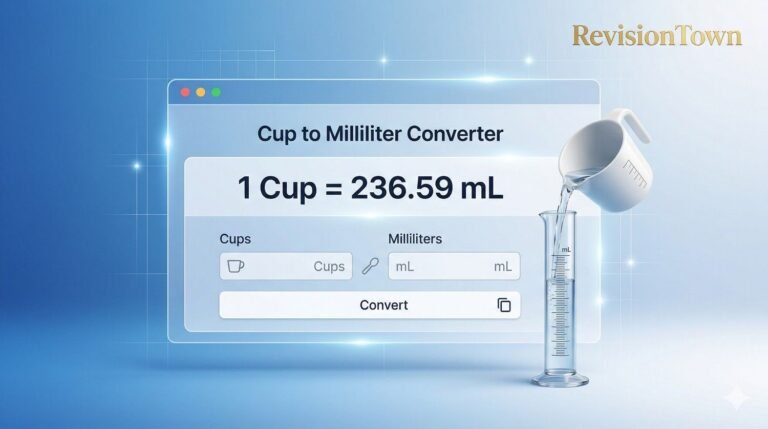 Precise cup to milliliter converter calculator showing 1 cup equals 236.59 mL from RevisionTown blog for cooking conversions