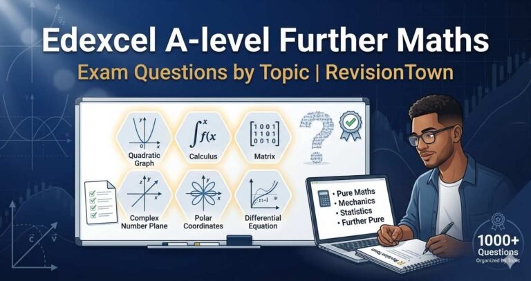 Edexcel A-level Further Maths exam questions organized by topic on RevisionTown: professional image featuring math graphs, student studying, and categorized revision resources for pure maths, mechanics, and more.
